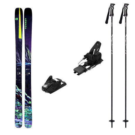 ARV88Madsteezw_Strive14-A ski bundle featuring a pair of black and purple Armada skis with neon yellow and green graphics, black ski bindings, and two black ski poles on a plain white background.