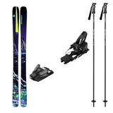 ARV88Madsteezw_Strive14-A ski bundle featuring a pair of black and purple Armada skis with neon yellow and green graphics, black ski bindings, and two black ski poles on a plain white background.