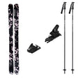ARW94w_Strive12-A ski gear set on a plain white background, including a pair of black skis with a pink and white abstract pattern, two black ski bindings, and two black ski poles with white graphics.