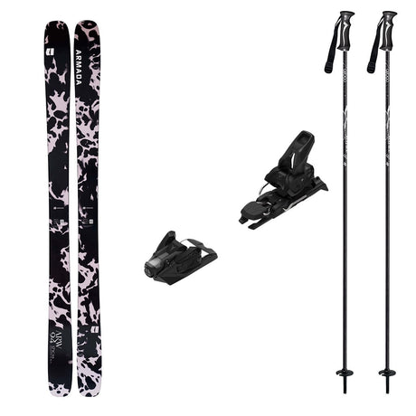 ARW94w_Strive12-A ski gear set on a plain white background, including a pair of black skis with a pink and white abstract pattern, two black ski bindings, and two black ski poles with white graphics.
