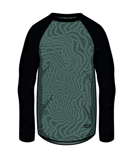 MSkylinerCrewneck- A crewneck long-sleeved baselayer top with a geometric pattern in black and green colors.
