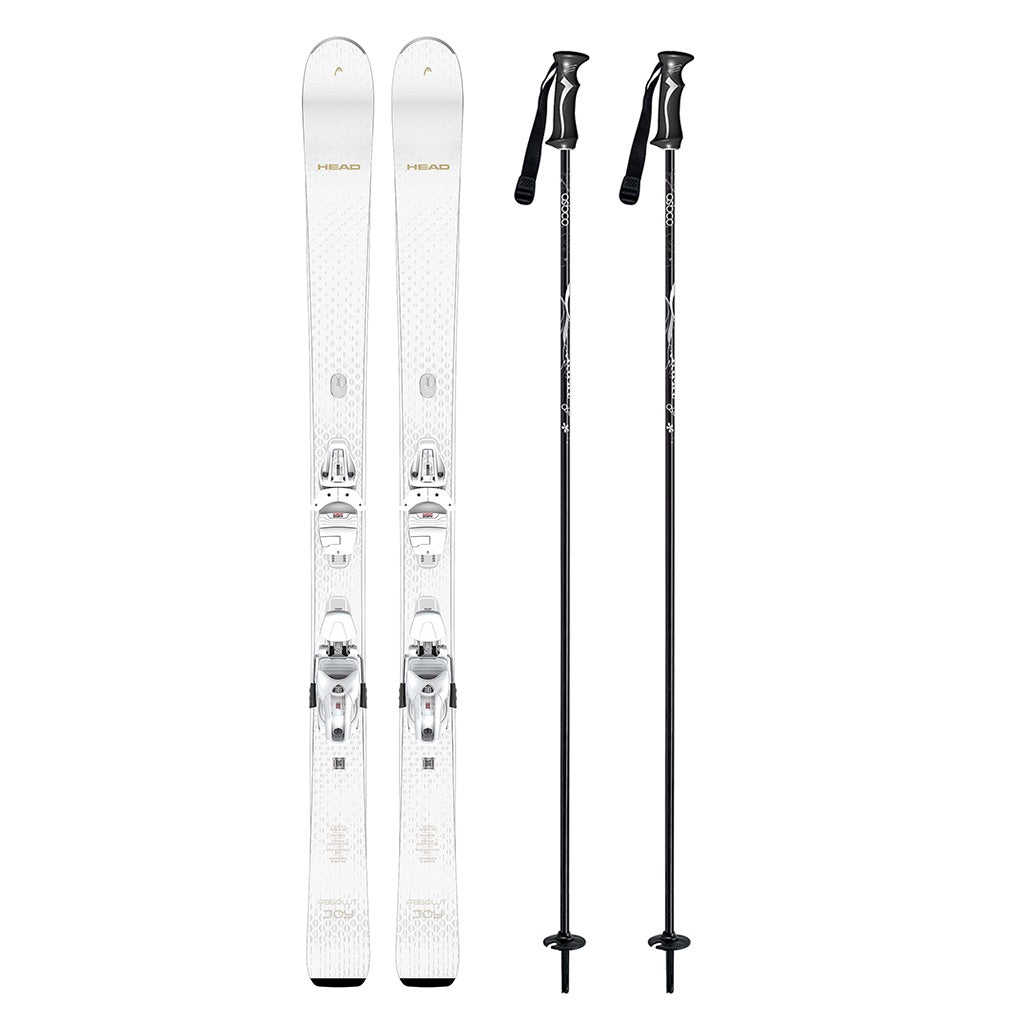 AbsolutJoyw_ProtectorSLR10-A pair of white skis and two black ski poles, displayed vertically against a solid white background.