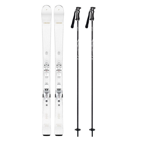 AbsolutJoyw_ProtectorSLR10-A pair of white skis and two black ski poles, displayed vertically against a solid white background.