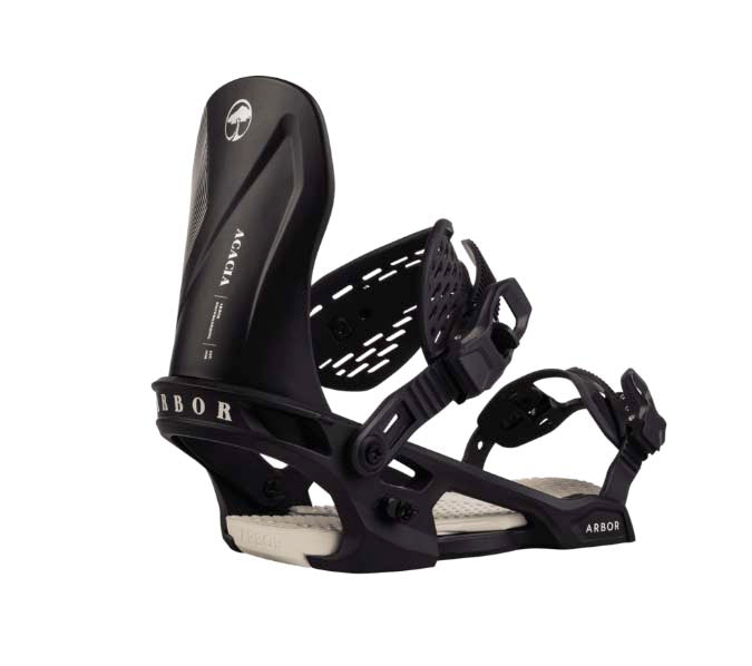 Acacia-Black snowboard bindings with 'Arbor' branding on a white background