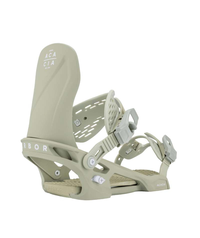 Acacia-Light green snowboard bindings with 'Arbor' branding on a white background