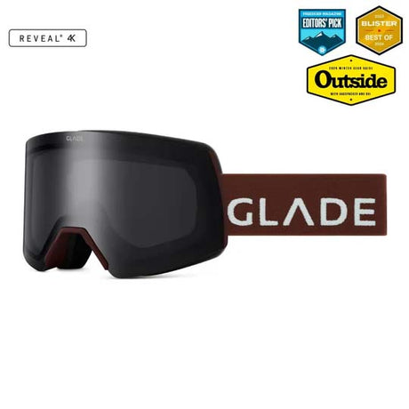 Adapt2-Black snow goggles with a brown strap displaying the brand 'GLADE' on a white background, with outdoor magazine logos above.
