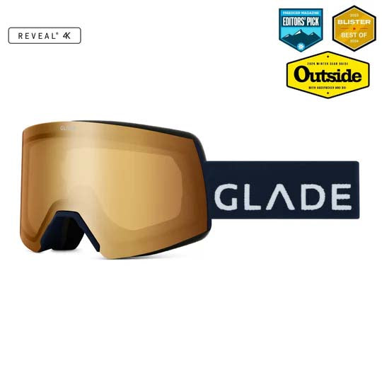 Adapt2-Glade ski goggles with a gold-tinted lens and a dark navy strap featuring the white GLADE logo, shown on a white background with award badges in the top right.