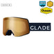 Adapt2-Glade ski goggles with a gold-tinted lens and a dark navy strap featuring the white GLADE logo, shown on a white background with award badges in the top right.
