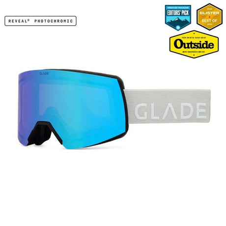 Adapt2-GLADE ski goggles with a blue-to-purple mirrored lens and a light gray strap, shown on a white background with feature badges and award logos.