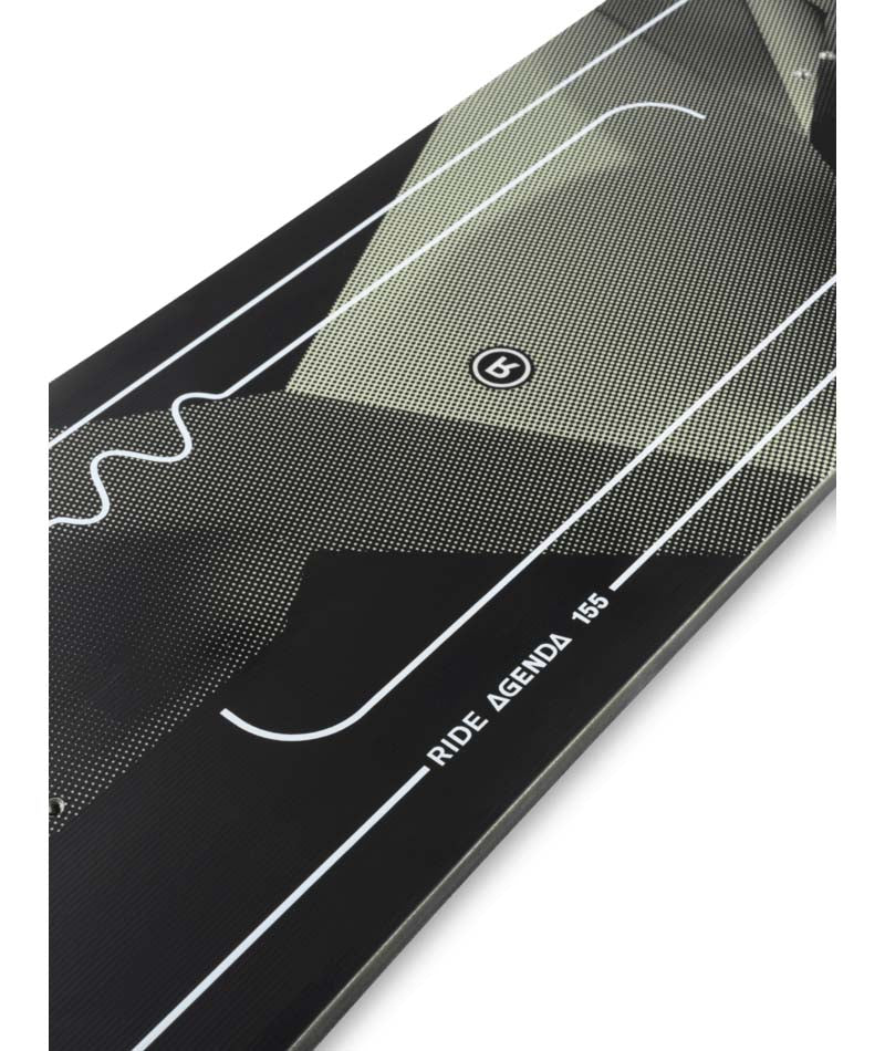 Agenda- Black and grey snowboard on a white background
