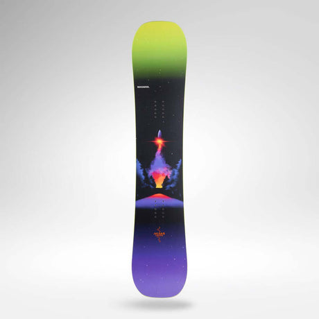 Alias-A snowboard with a vibrant cosmic design, featuring a black background with a green-to-purple gradient at the top and bottom, and a colorful rocket launching from an erupting volcano in the center. The brand name 'ROSSIGNOL' is visible near the top.