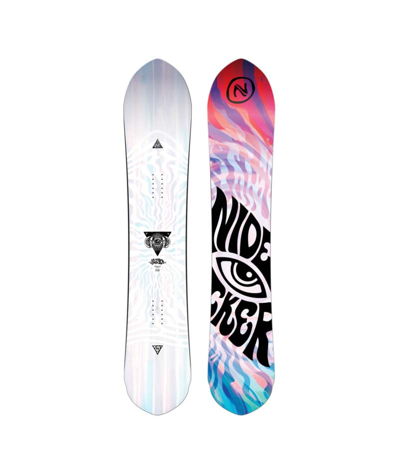 Alpha- Two views of a snowboards, one white and one with a colorful design, on a white background.