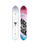 Alpha- Two views of a snowboards, one white and one with a colorful design, on a white background.