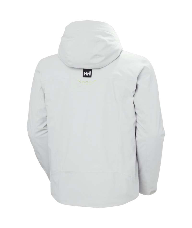 AlphaLifaloftJacket-Light gray hooded jacket with brand logo on a white background