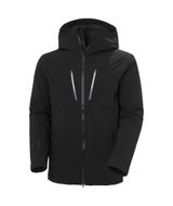 AlphaLongInsulatedJacket-Black jacket with reflective stripes on a white background