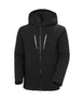 AlphaLongInsulatedJacket-Black jacket with reflective stripes on a white background