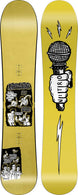 Alternator-Yellow snowboard with a microphone graphic and text on a black background