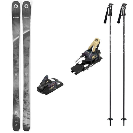 Anomaly84w_Strive14-A ski bundle featuring a pair of black and gray patterned skis, two bent chetler butter bindings, and two black ski poles on a plain white background.