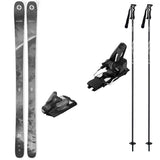 Anomaly84w_Strive14-A ski bundle featuring a pair of black and gray patterned skis, two black and grey bindings, and two black ski poles on a plain white background.