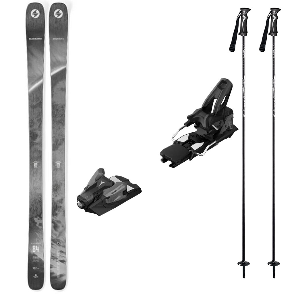 Anomaly84w_Strive14-A ski bundle featuring a pair of black and gray patterned skis, two black and grey bindings, and two black ski poles on a plain white background.
