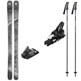Anomaly84w_Strive14-A ski bundle featuring a pair of black and gray patterned skis, two black and grey bindings, and two black ski poles on a plain white background.