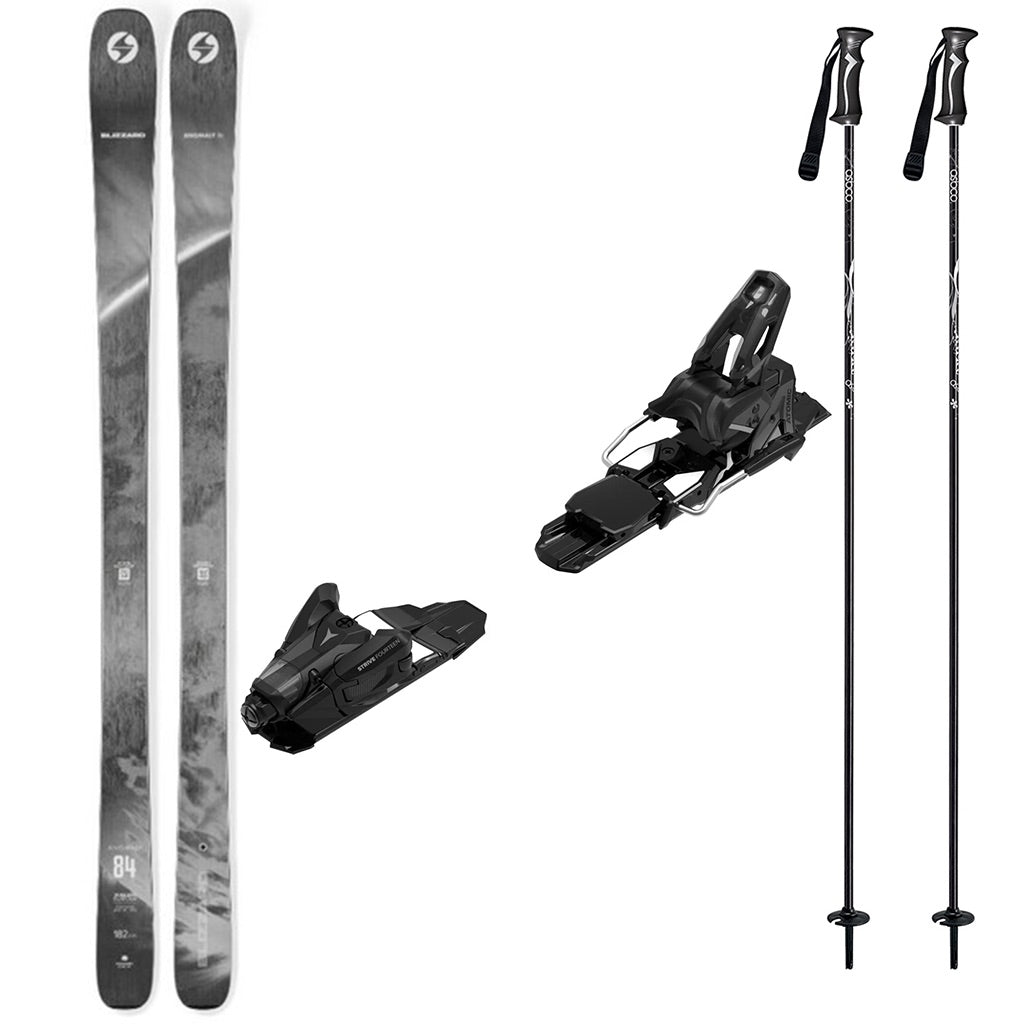 Anomaly84w_Strive14-A ski bundle featuring a pair of black and gray patterned skis, two black bindings, and two black ski poles on a plain white background.