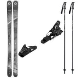 Anomaly84w_Strive14-A ski bundle featuring a pair of black and gray patterned skis, two black bindings, and two black ski poles on a plain white background.