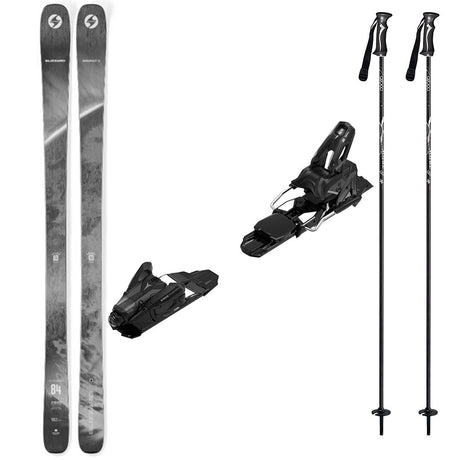Anomaly84w_Strive14-A ski bundle featuring a pair of black and gray patterned skis, two black bindings, and two black ski poles on a plain white background.