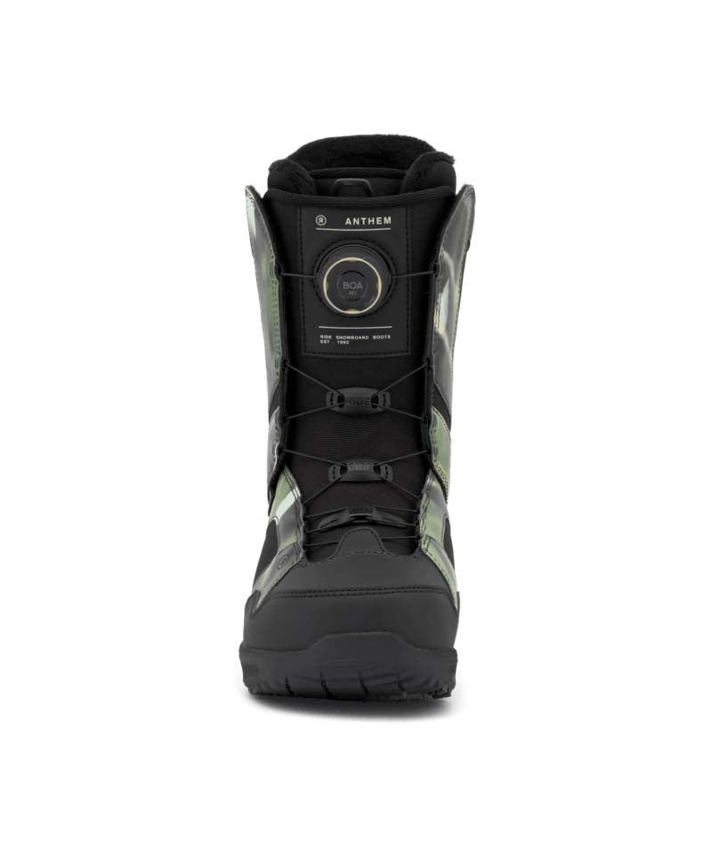 Anthem- Black and green snowboard boot on a white background