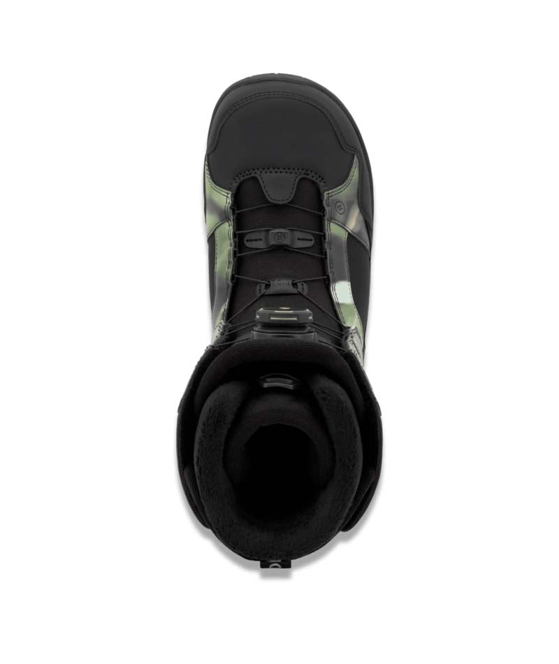 Anthem- Black and green snowboard boot on a white background