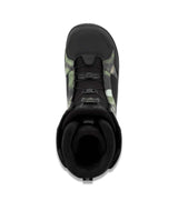 Anthem- Black and green snowboard boot on a white background