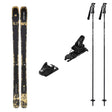 Antimatter92w_Strive12-A ski equipment set on a plain white background, including a pair of skis with black and gold graphics, two black ski bindings, and two black ski poles with white branding.