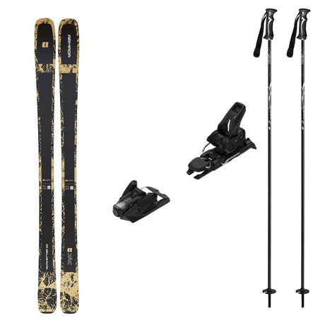 Antimatter92w_Strive12-A ski equipment set on a plain white background, including a pair of skis with black and gold graphics, two black ski bindings, and two black ski poles with white branding.