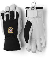 ArmyLeatherPatrol-Pair of black and white gloves with a logo on a white background