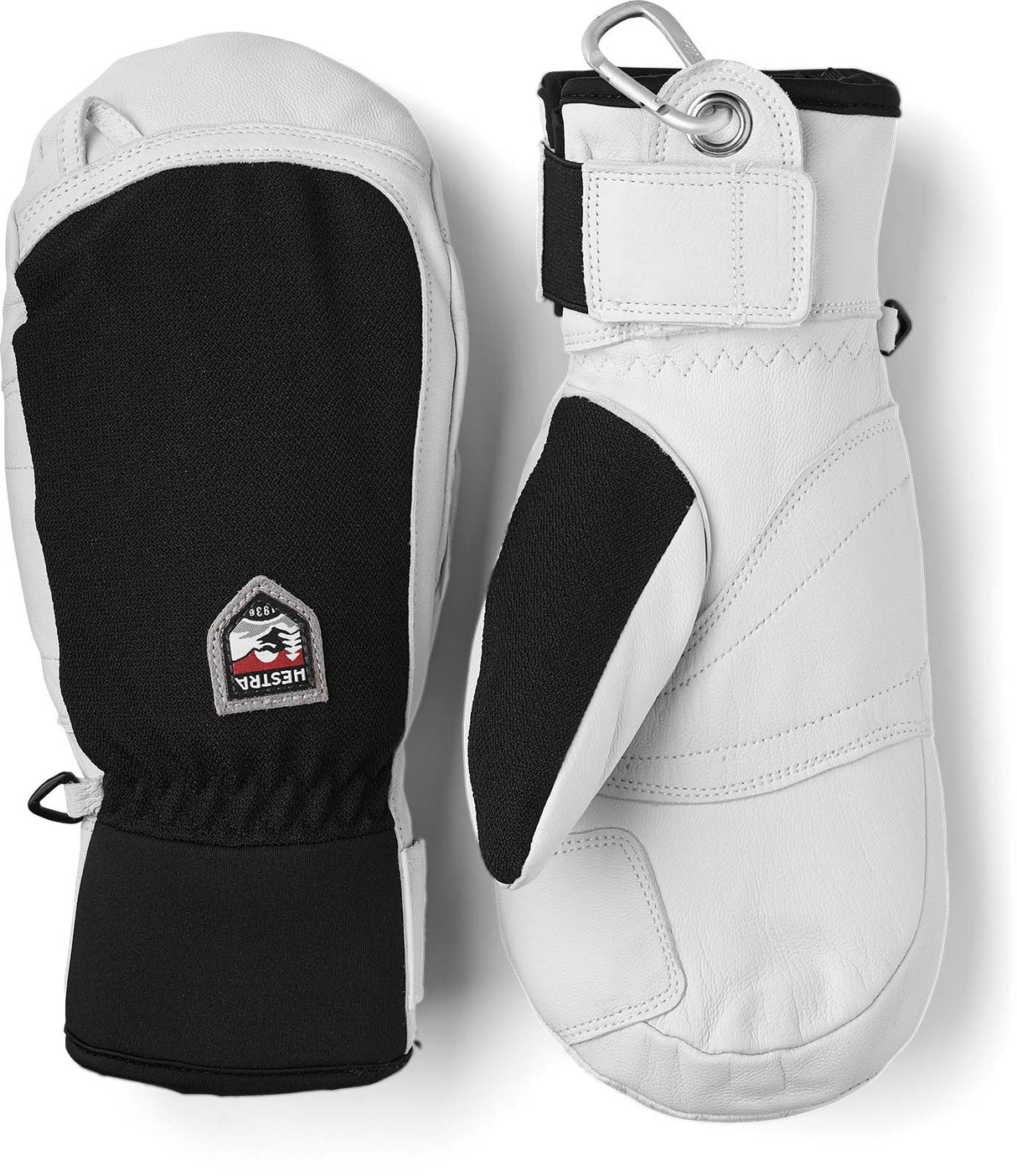 ArmyLeatherPatrolMitt-Pair of white and black mittens with a visible brand logo on a white background