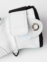 ArmyLeatherPatrolMitt-Pair of white and black mittens with a visible brand logo on a white background
