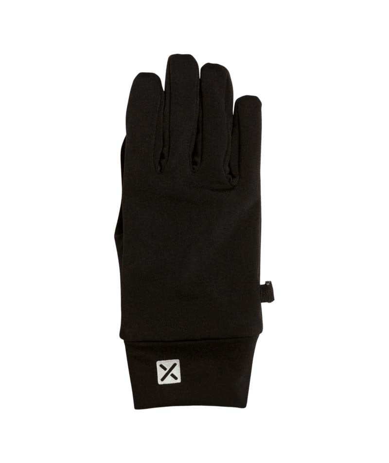 ArticLinerGlove-A single black knit glove shown flat against a plain white background, with a small white square logo patch featuring a black X on the cuff.