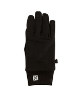 ArticLinerGlove-A single black knit glove shown flat against a plain white background, with a small white square logo patch featuring a black X on the cuff.