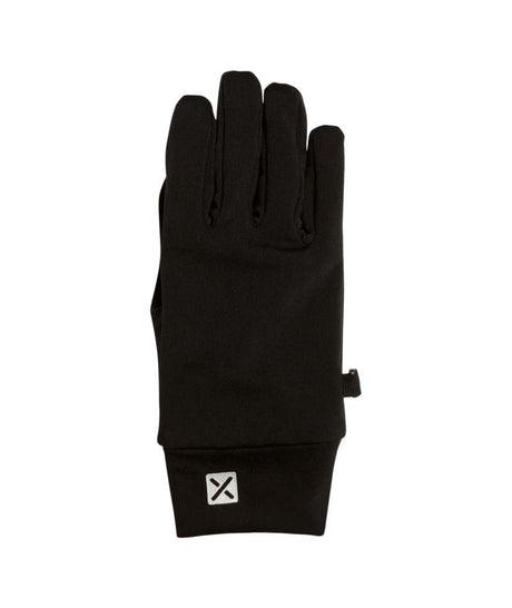 ArticLinerGlove-A single black knit glove shown flat against a plain white background, with a small white square logo patch featuring a black X on the cuff.