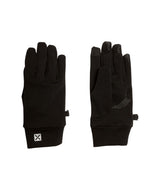 ArticLinerGlove-A pair of black athletic gloves shown flat against a white background, with one glove displaying a small white square logo patch on the cuff and the other showing textured grip panels on the fingers.