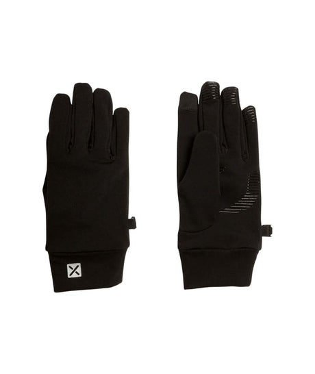 ArticLinerGlove-A pair of black athletic gloves shown flat against a white background, with one glove displaying a small white square logo patch on the cuff and the other showing textured grip panels on the fingers.