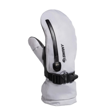 WArrcticMitts-Light grey ski glove with black zipper and strap on a light gray background