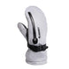 WArrcticMitts-Light grey ski glove with black zipper and strap on a light gray background