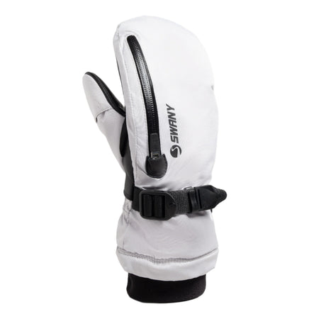 WArrcticMitts-White ski glove with black strap and visible brand logo on a white background