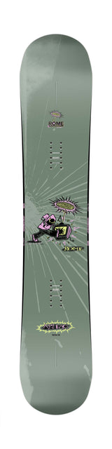 Artifact- Green snowboard deck with a graphic design on a white background
