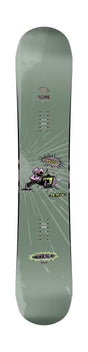 Artifact- Green snowboard deck with a graphic design on a white background