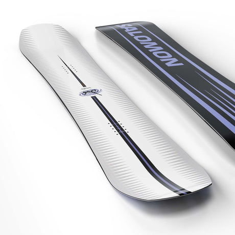 Assassin- White, purple, and black snowboard on a white background