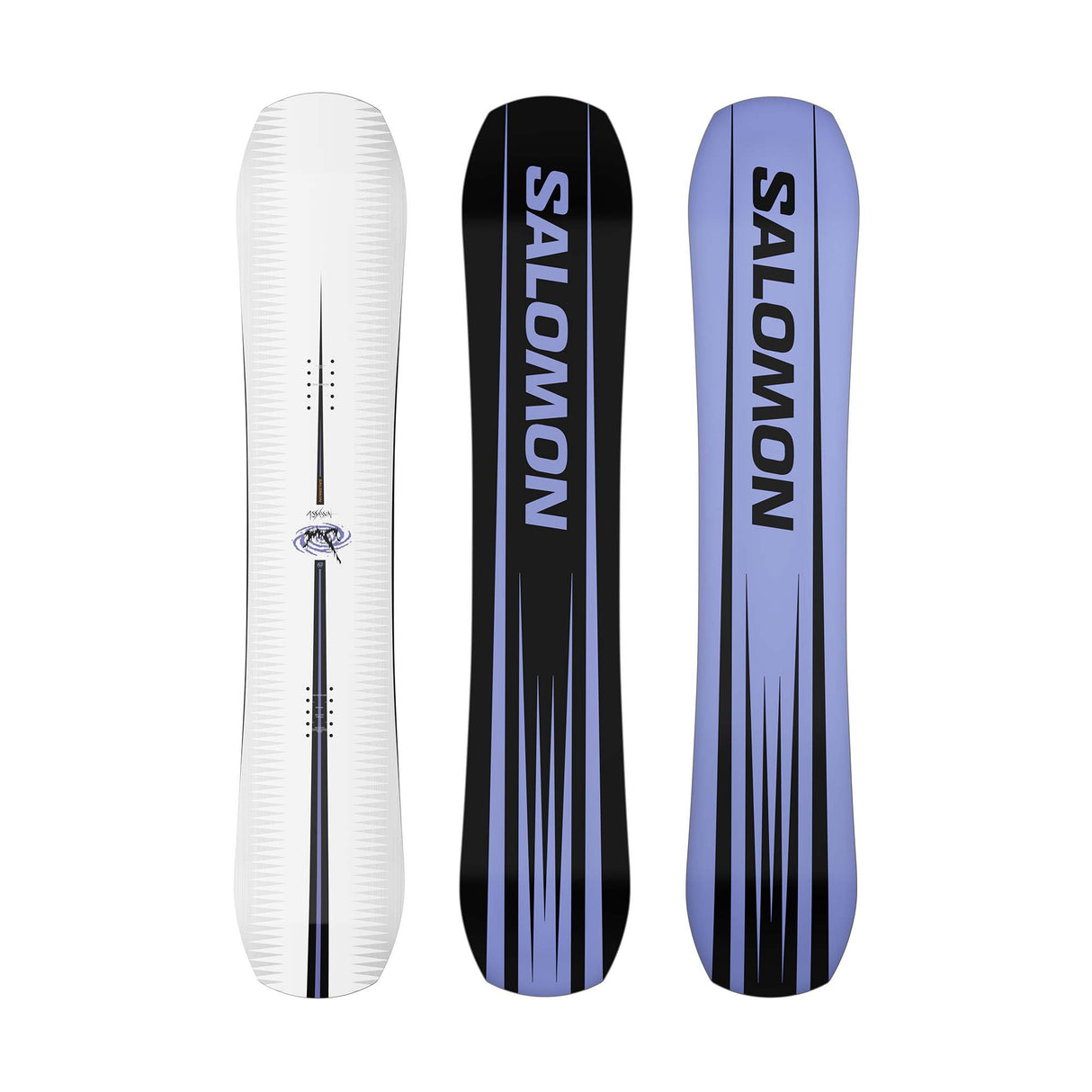 Assassin- White, purple, and black snowboard on a white background