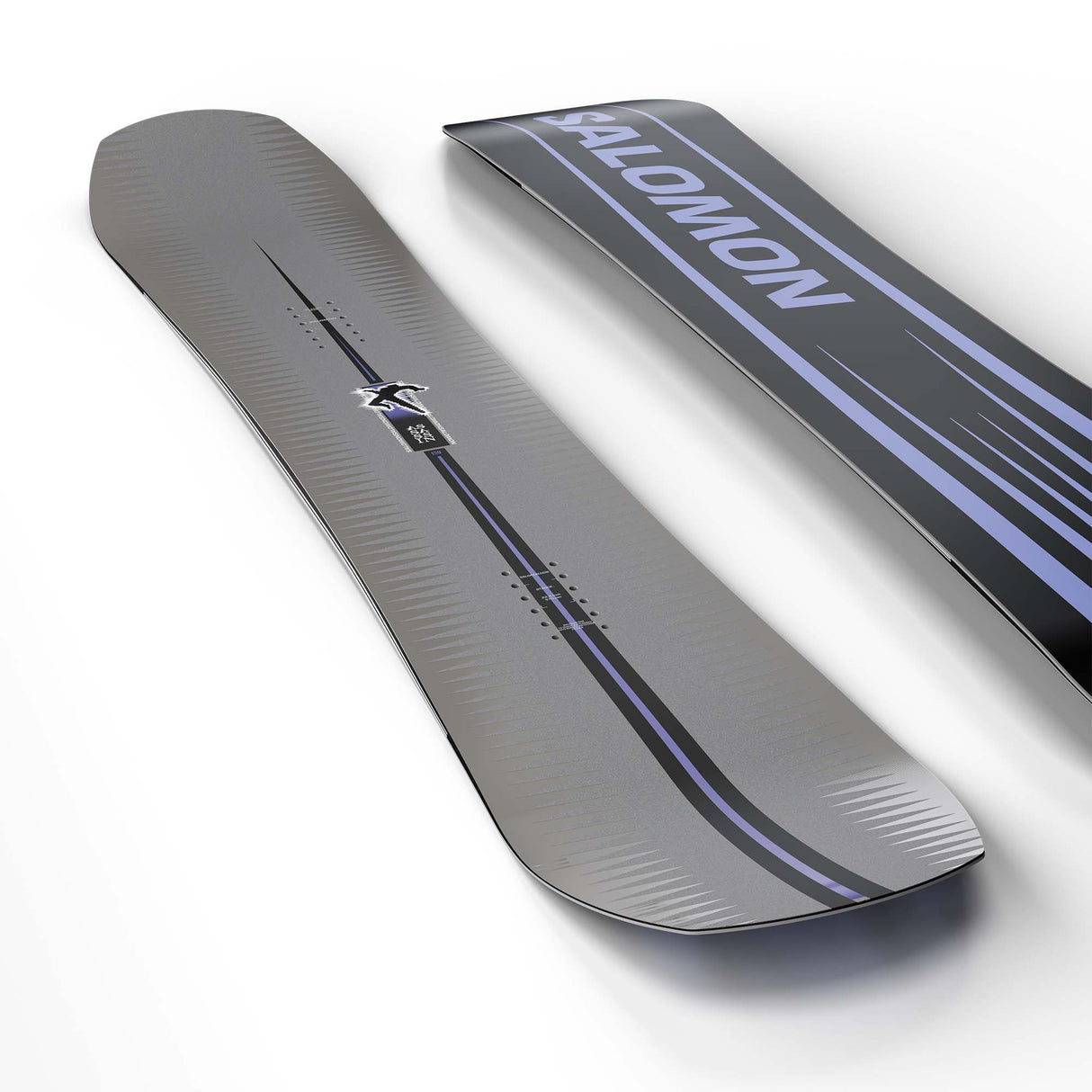 AssassinPro- Grey, purple, and black snowboard on a white background
