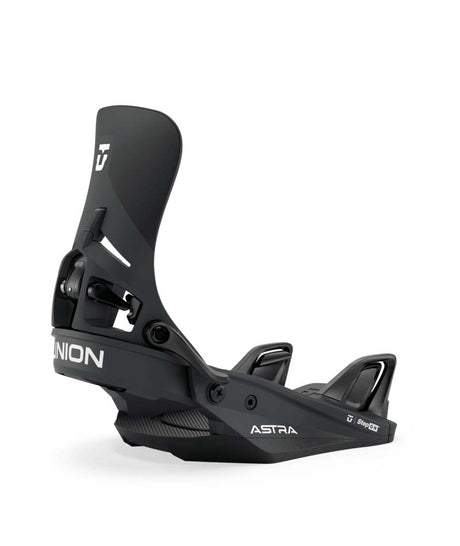 AstraStep-On-Black snowboard binding with 'Union' branding on a white background